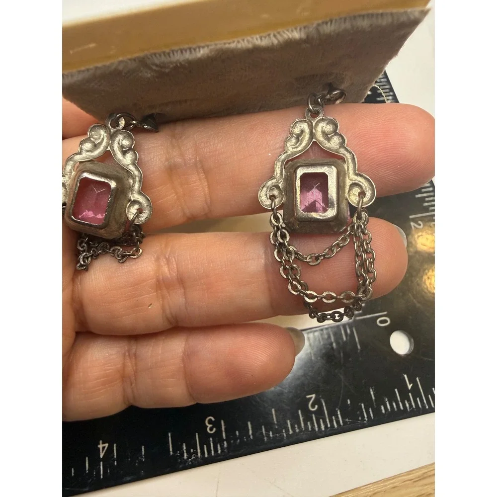 Ballet Pink Rhinestone Dangle Earrings Silver Tone Ornate Chain Drop Post Back